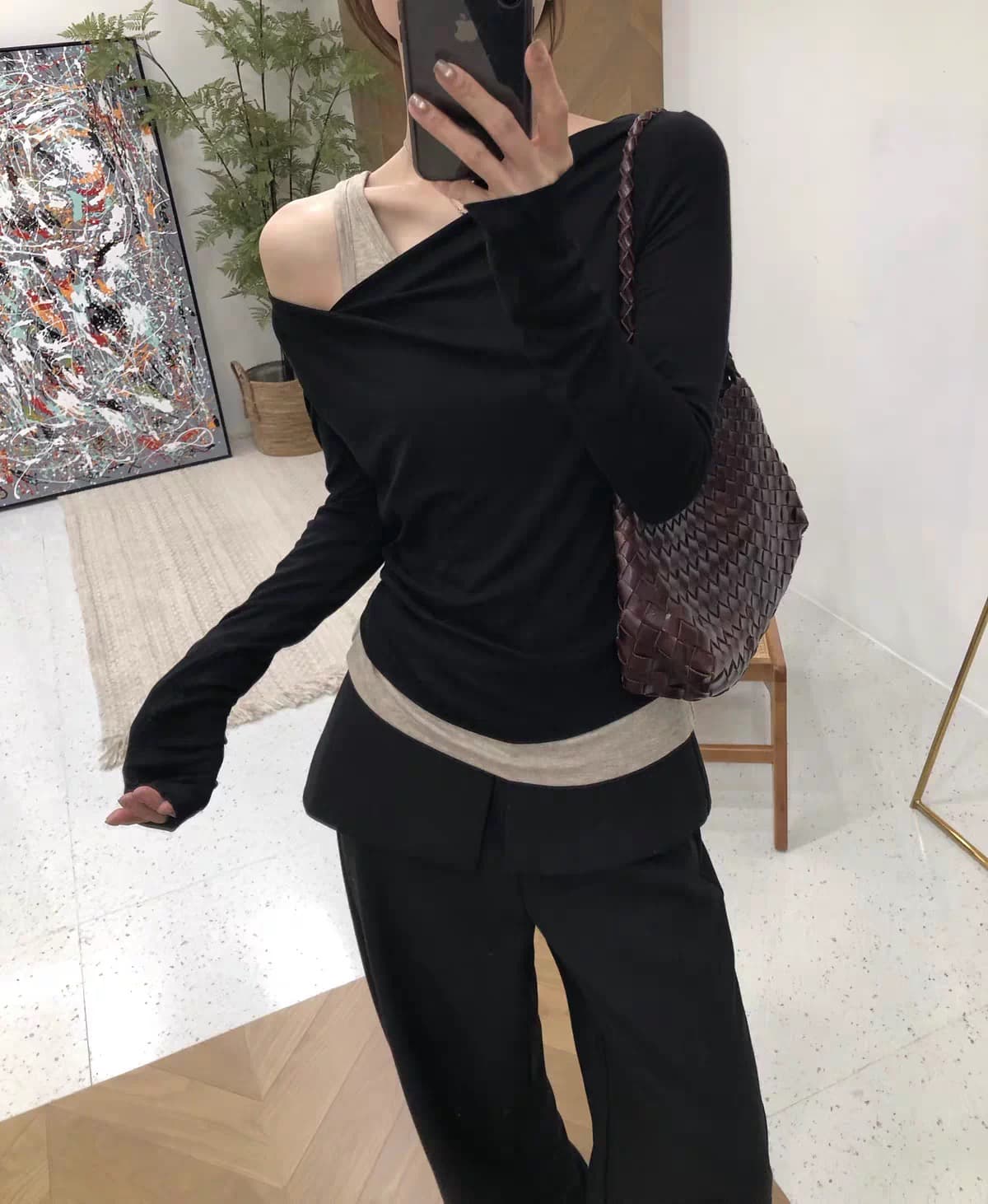 풀 객실 미 건강 빛 럭셔리 익스트림 제인 주간 실크 가을 페이크 레이어드 패션 슬림해 보이는 비스듬한 어깨 오프숄더 맨위 상세 이미지 3