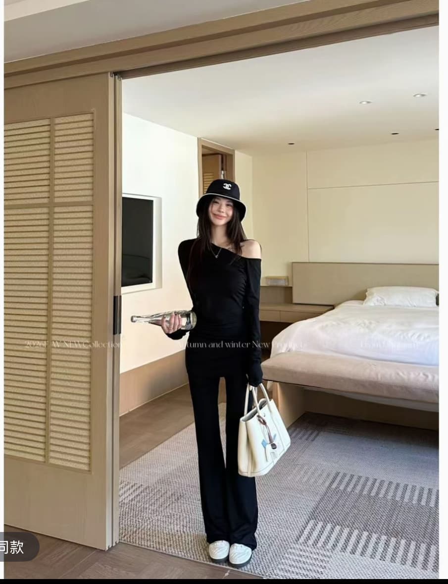 린 천 입력 자기 접촉 느긋한 새로운 품격 슬림해 보이는 고급 블루 좋은 모달 비스듬한 어깨 패션 세트 여성 상세 이미지 1