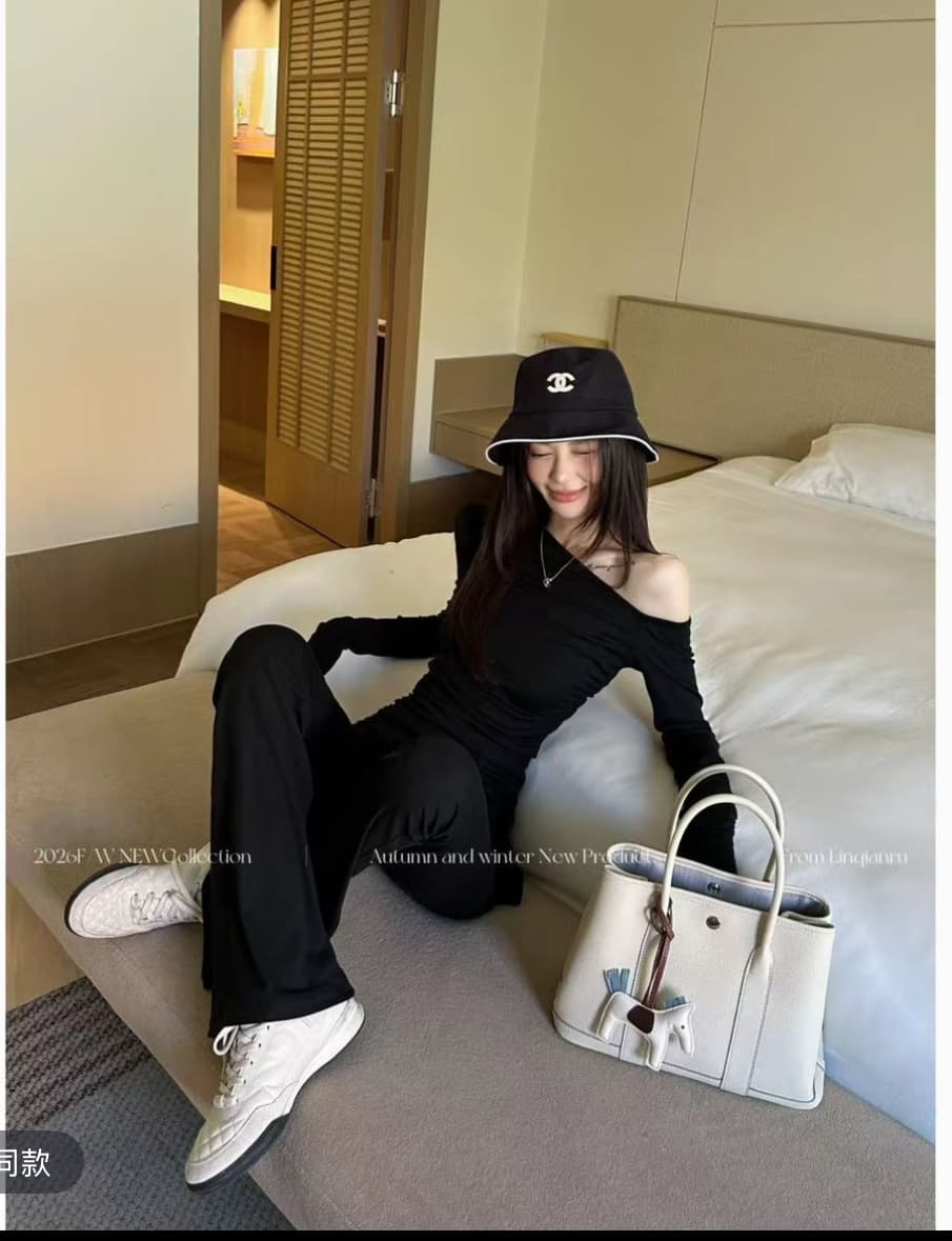 린 천 입력 자기 접촉 느긋한 새로운 품격 슬림해 보이는 고급 블루 좋은 모달 비스듬한 어깨 패션 세트 여성 상세 이미지 2