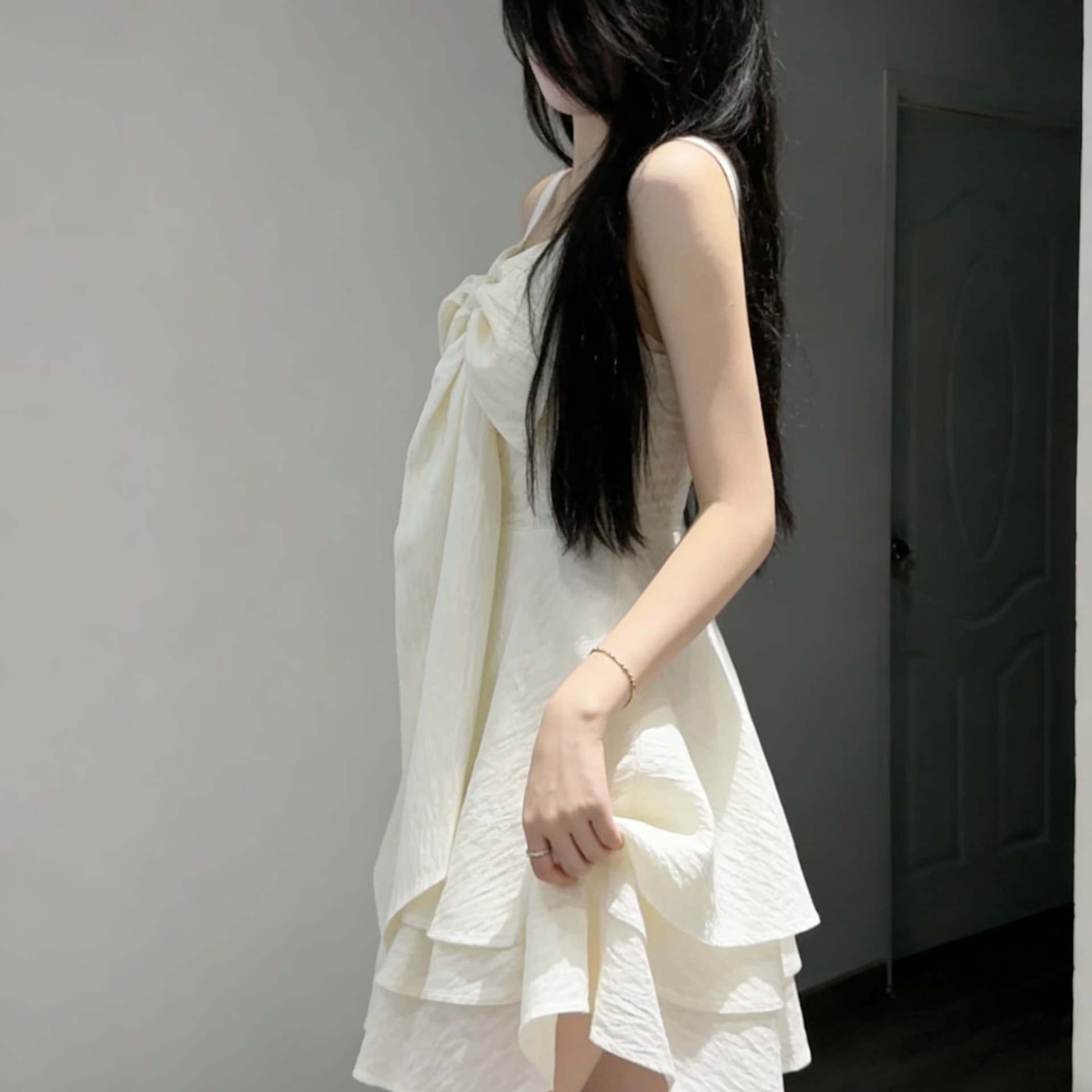 릴리스 vintage 달콤함 나비 매듭 디자인 센스 슬립 공주 바람 화이트 허리 수축 민소매 드레스 이미지 3