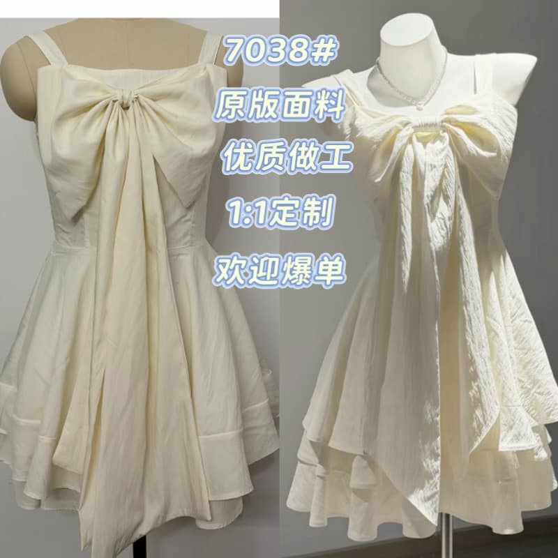 릴리스 vintage 달콤함 나비 매듭 디자인 센스 슬립 공주 바람 화이트 허리 수축 민소매 드레스 이미지 2