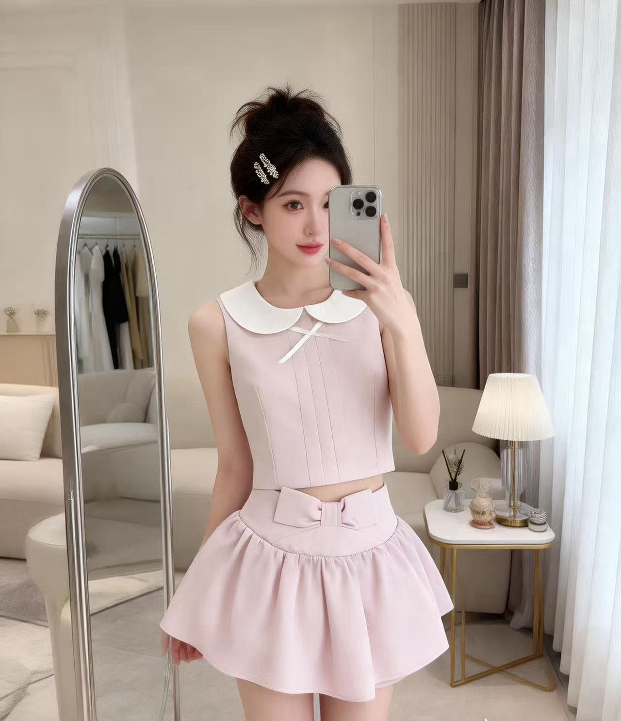 oyff 5 13 20 점 한 여성 주간 접시 나비 매듭 베이비 칼라 민소매 맨위 주름 미니 스커트 세트