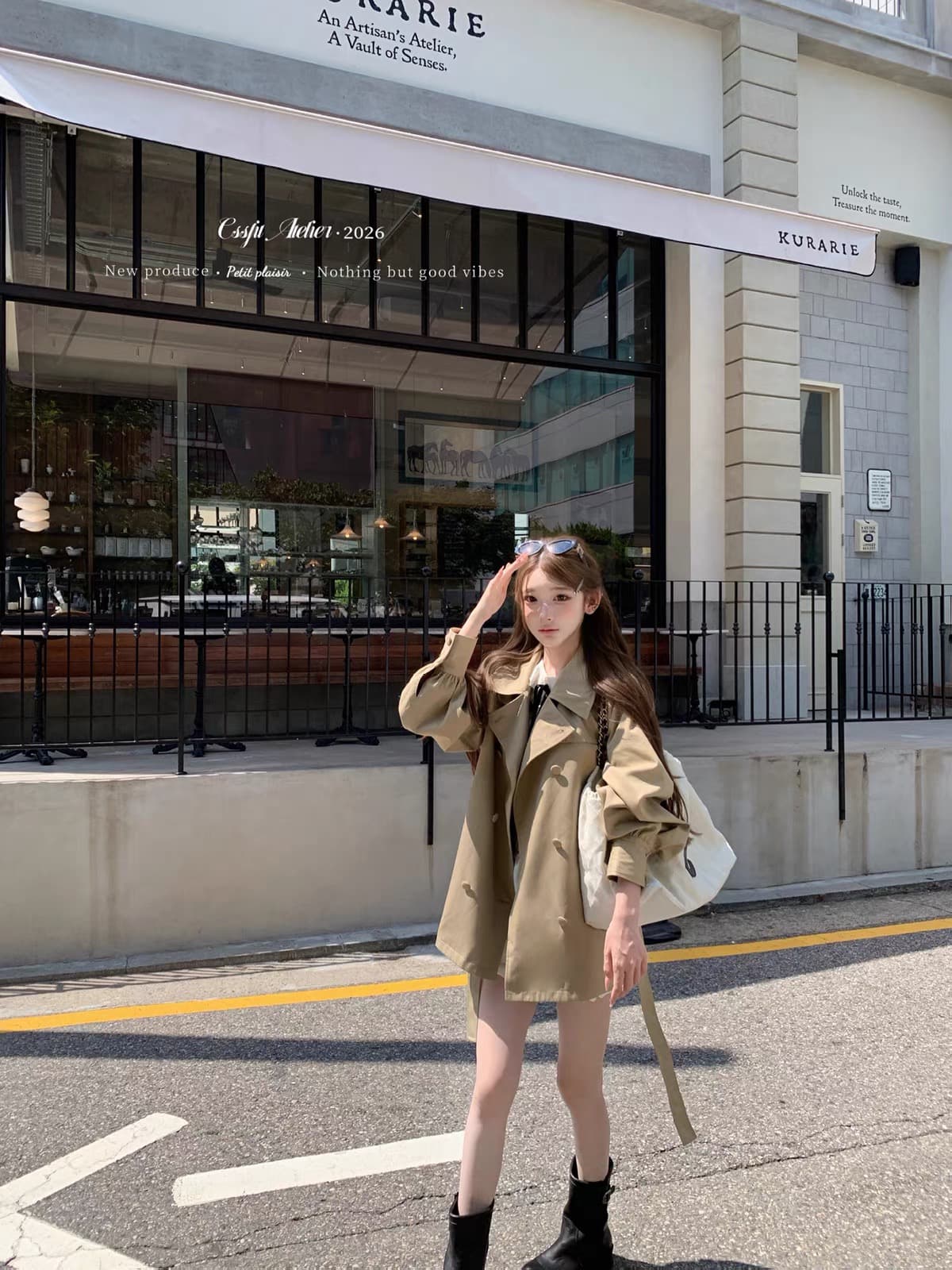 늦게 우산 우산 26 fw 리드 리프 조용한 자르다 루즈핏 버전 폴로 칼라 벌룬 소매 카키 바람막이 이미지 3