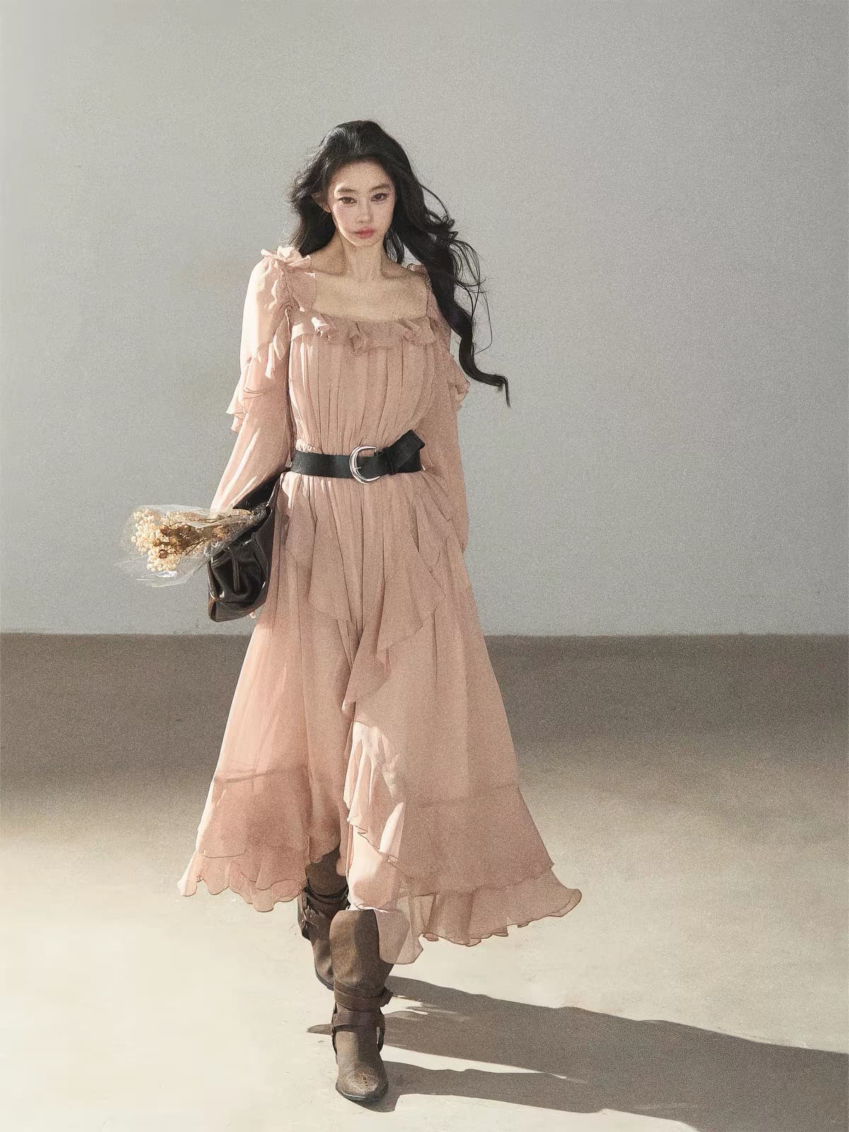 8 월 24 신제품 85 접기 aomalm 덜 또한 눈 기다려라. 하나 일몰 광선 프릴 여성 드레스 가을