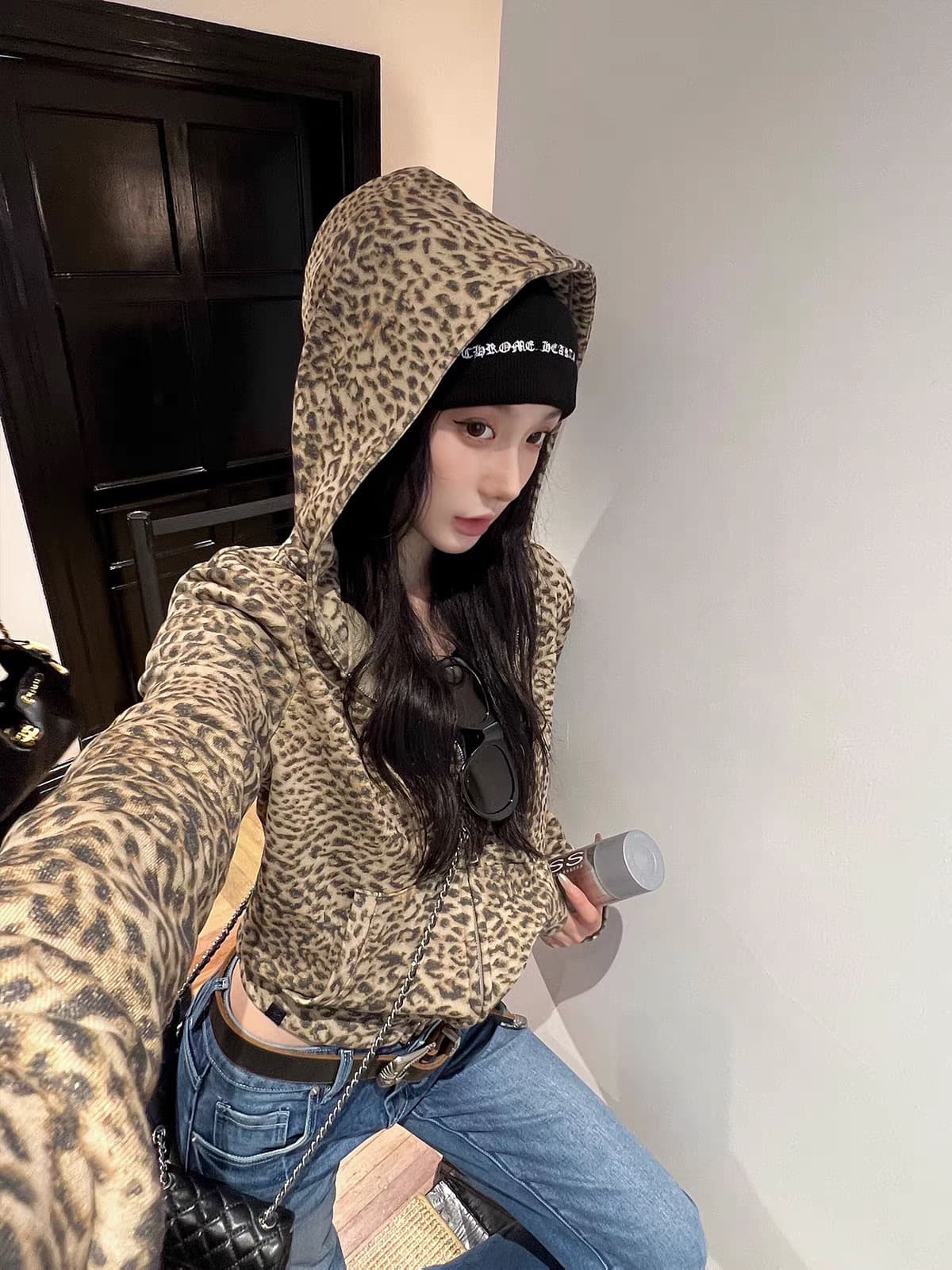 지구 Ouyang 와일드 핫걸 레오파드 무늬 두뇌 苾 입력 420g 고밀도 면 맞춤 레오파드 무늬 후드 티 스웨터 재킷 이미지 2