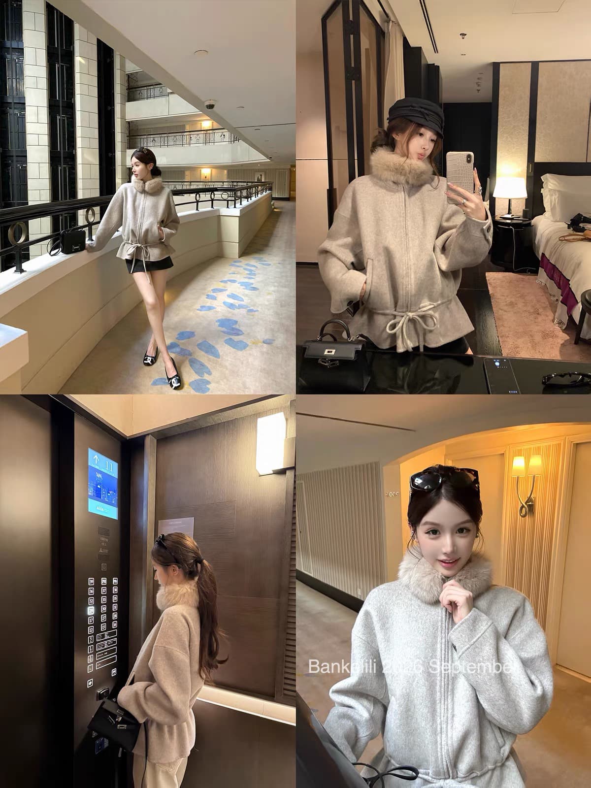 밤나무 코코아 bankelili paris 천 골드 68 양모 여우 모피 칼라 허리 수축 꽃밭 양면 자켓 이미지 3