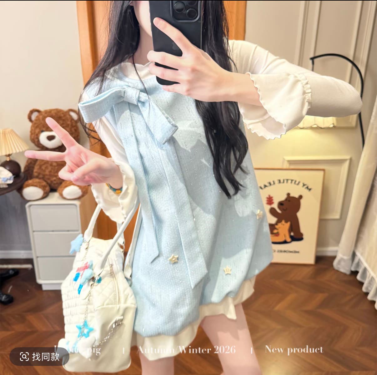 바다색 꿈 직물 돼지 오리지널 부드러운 가을 플래시 조각 나비 매듭 별 조끼 페이크 레이어드 미니 스커트 이미지 2