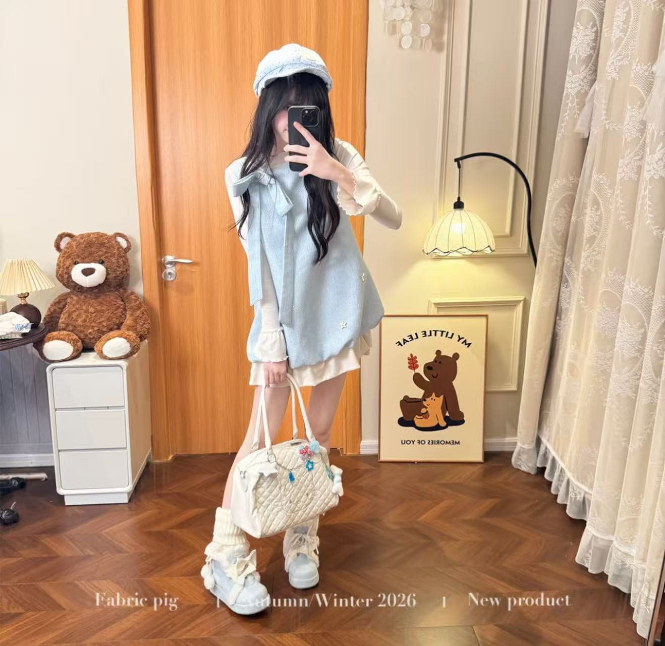 바다색 꿈 직물 돼지 오리지널 부드러운 가을 플래시 조각 나비 매듭 별 조끼 페이크 레이어드 미니 스커트 이미지 3