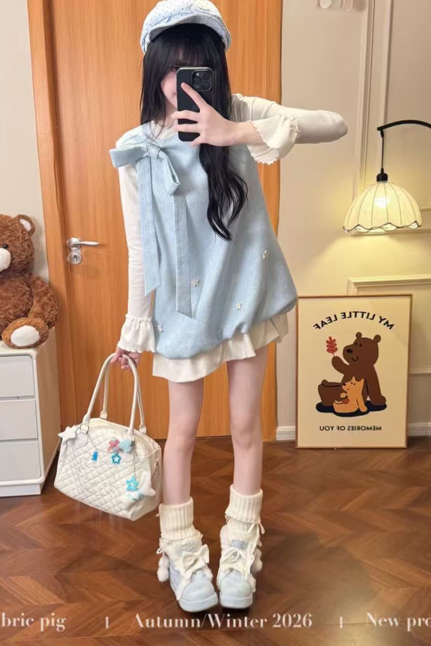 바다색 꿈 직물 돼지 오리지널 부드러운 가을 플래시 조각 나비 매듭 별 조끼 페이크 레이어드 미니 스커트 이미지 4