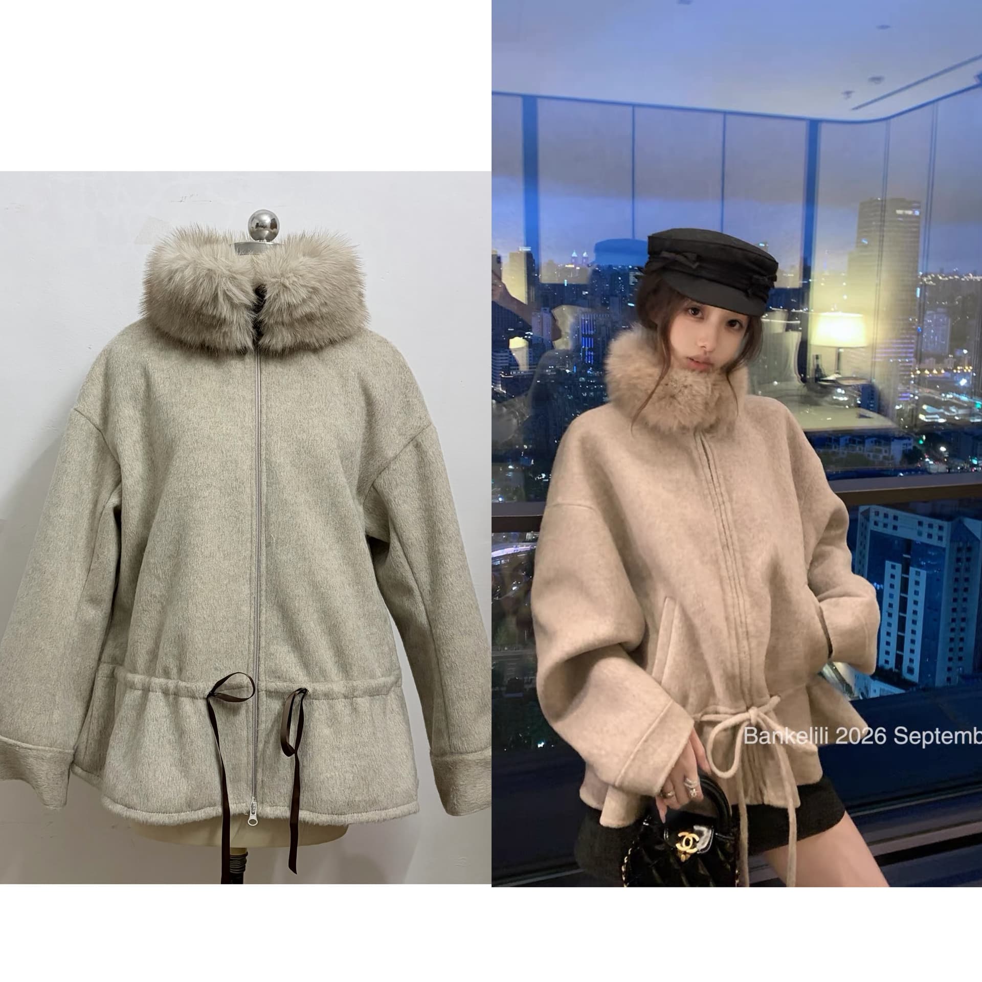 밤나무 코코아 bankelili paris 천 골드 68 양모 여우 모피 칼라 허리 수축 꽃밭 양면 자켓 상세 이미지 1