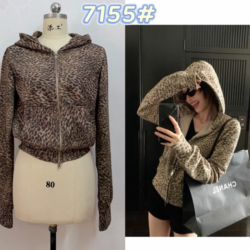 지구 Ouyang 와일드 핫걸 레오파드 무늬 두뇌 苾 입력 420g 고밀도 면 맞춤 레오파드 무늬 후드 티 스웨터 재킷 상세 이미지 1