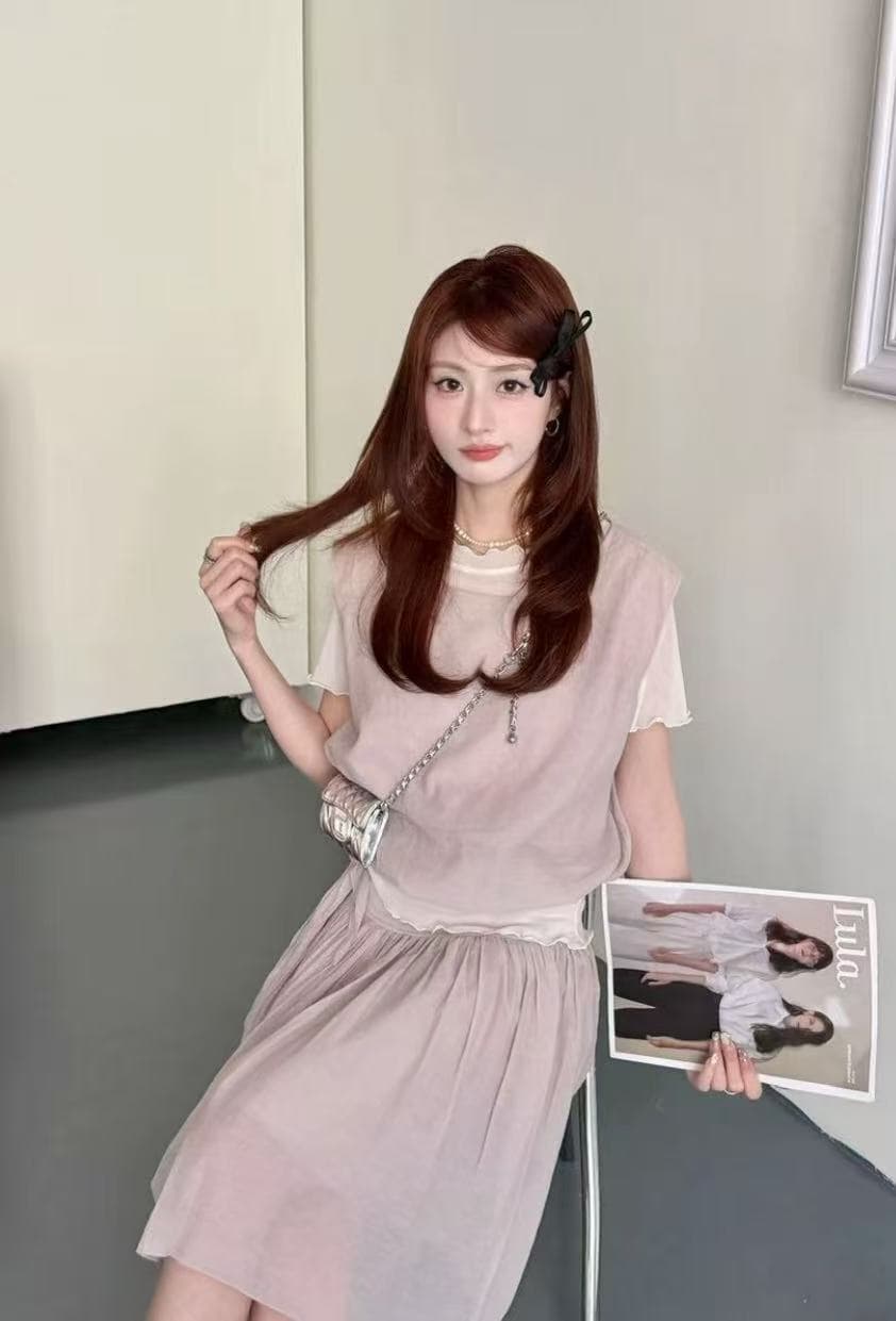 xianzai 벚꽃 우유 냉동 여름 새로운 스카프 망사 반팔 조끼 미니 스커트 사피스 세트 로드 중 이미지 4