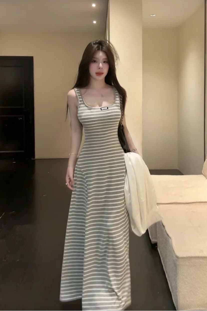 huihui 새로운 프랑스식 레트로 스트라이프 슬립 드레스 패션 슬림해 보이는 한 부서 롱 스커트 여성 이미지 5