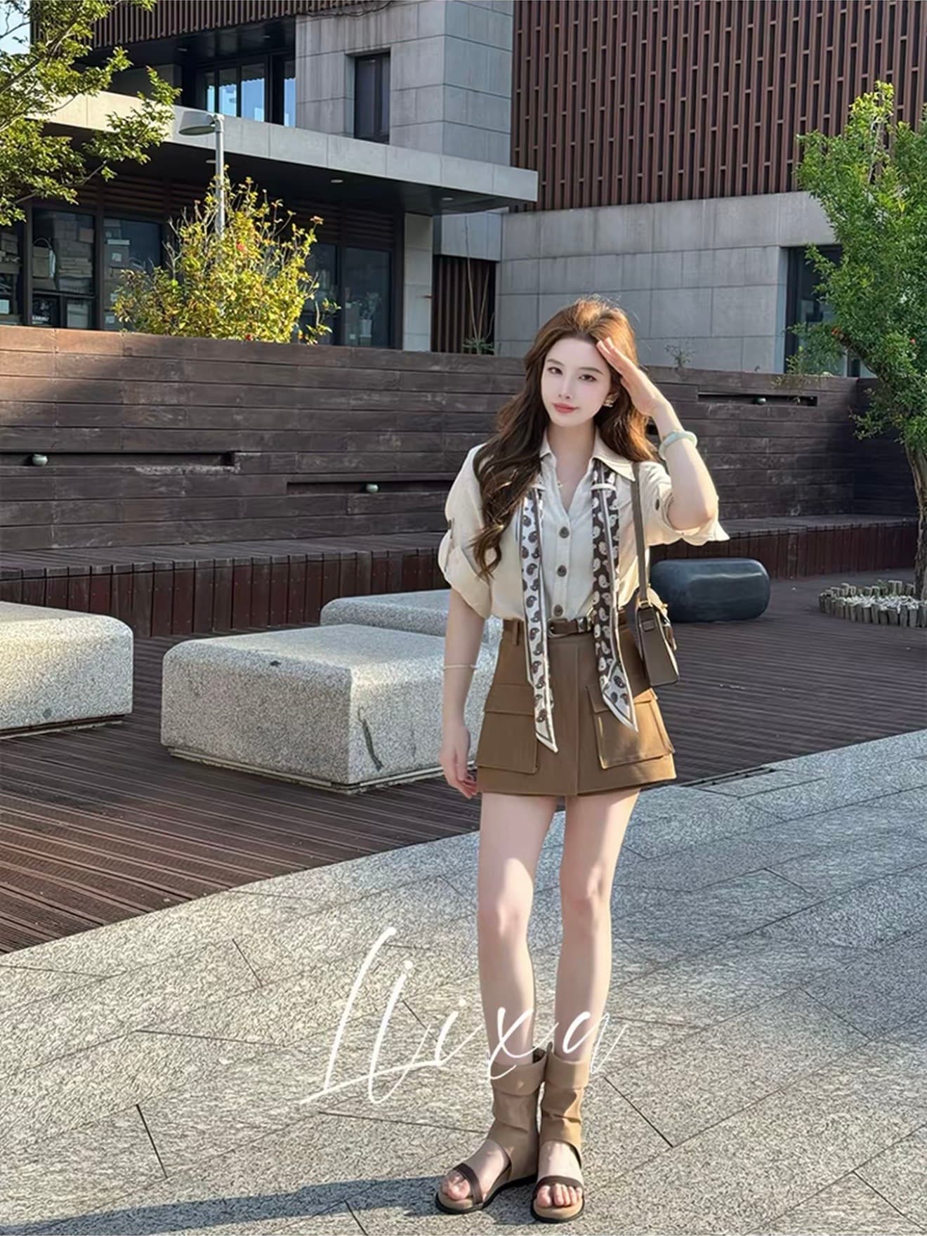 당나라 작은 느릅 나무 여름 새로운 디자인 센스 폴로 칼라 셔츠 코디 하이웨이스트 워크웨어 반바지 세트 상세 이미지 1
