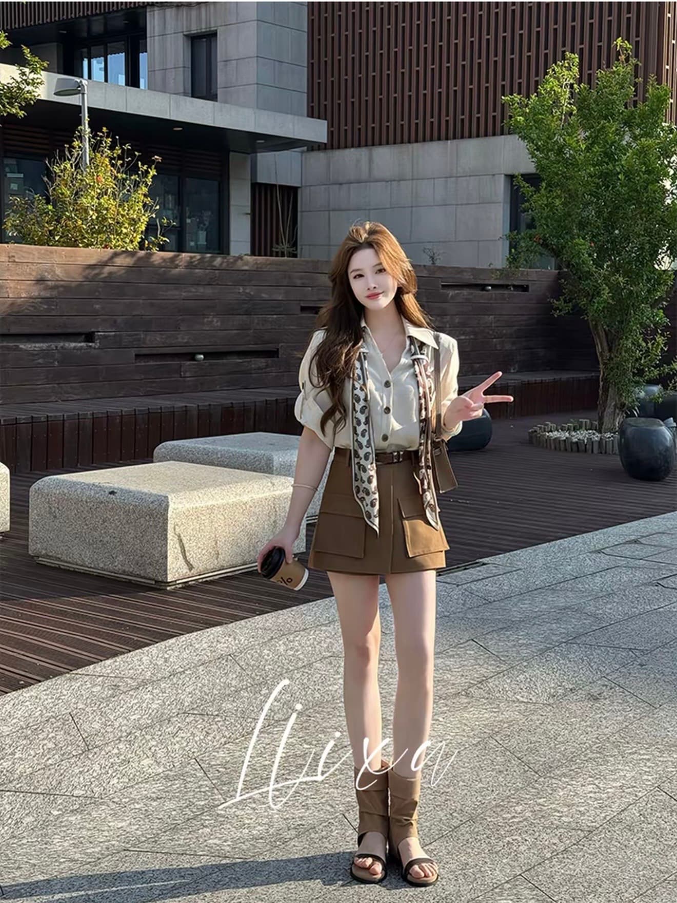 당나라 작은 느릅 나무 여름 새로운 디자인 센스 폴로 칼라 셔츠 코디 하이웨이스트 워크웨어 반바지 세트 상세 이미지 2