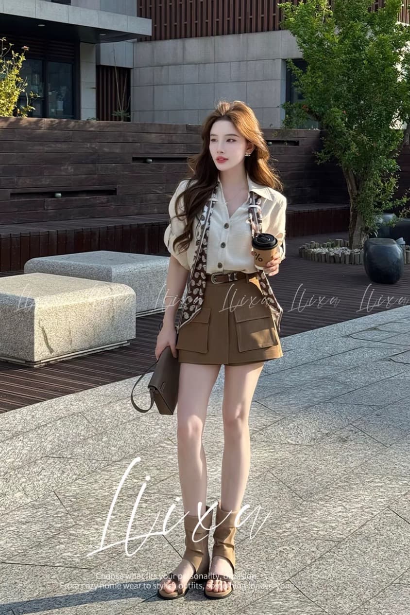 당나라 작은 느릅 나무 여름 새로운 디자인 센스 폴로 칼라 셔츠 코디 하이웨이스트 워크웨어 반바지 세트 상세 이미지 4
