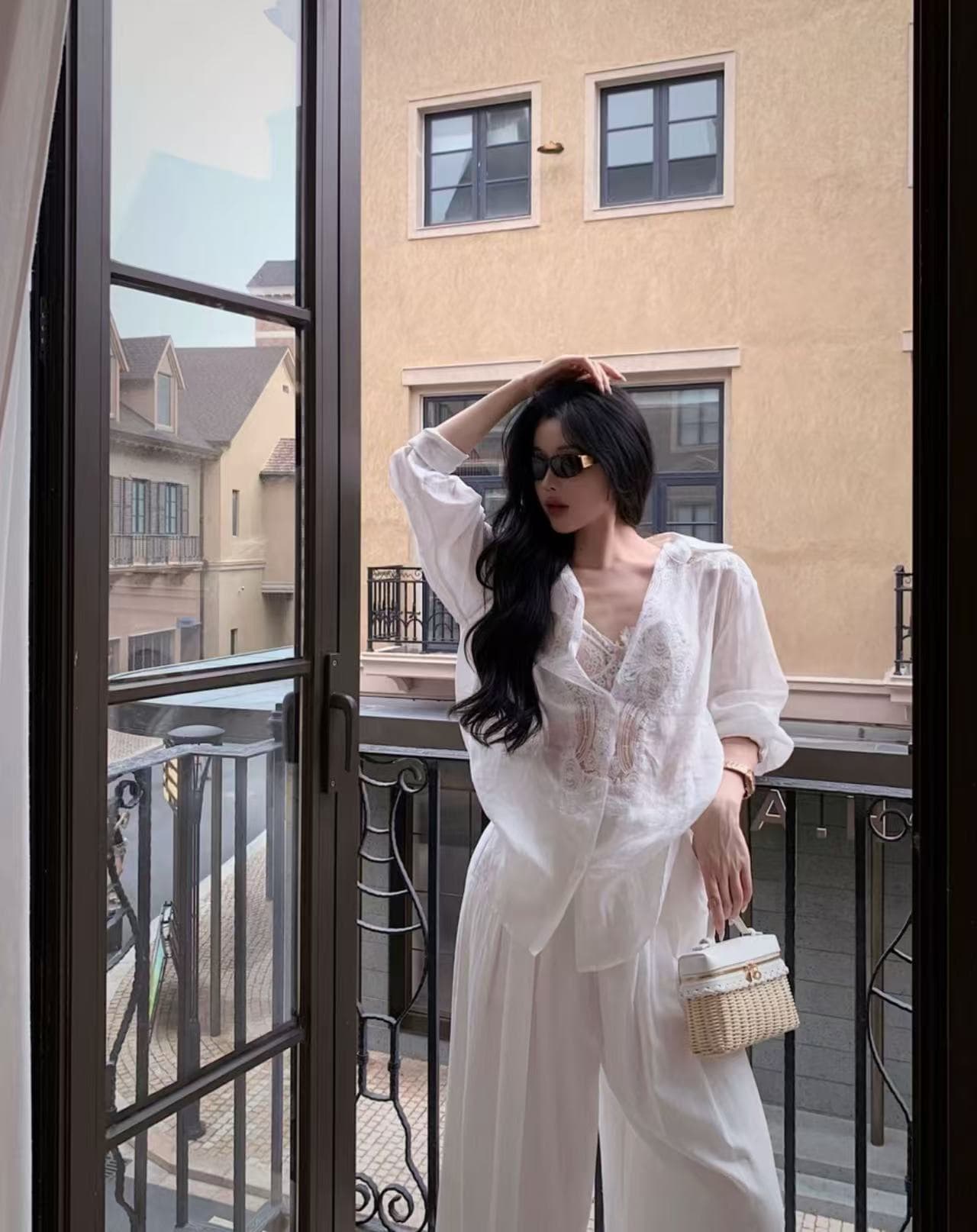 liora 높음 지혜 대 여성 주님 프랑스식 궁정 폴로 칼라 레이스 자수 홀로우 아웃 맨위 바지 세트 이미지 3