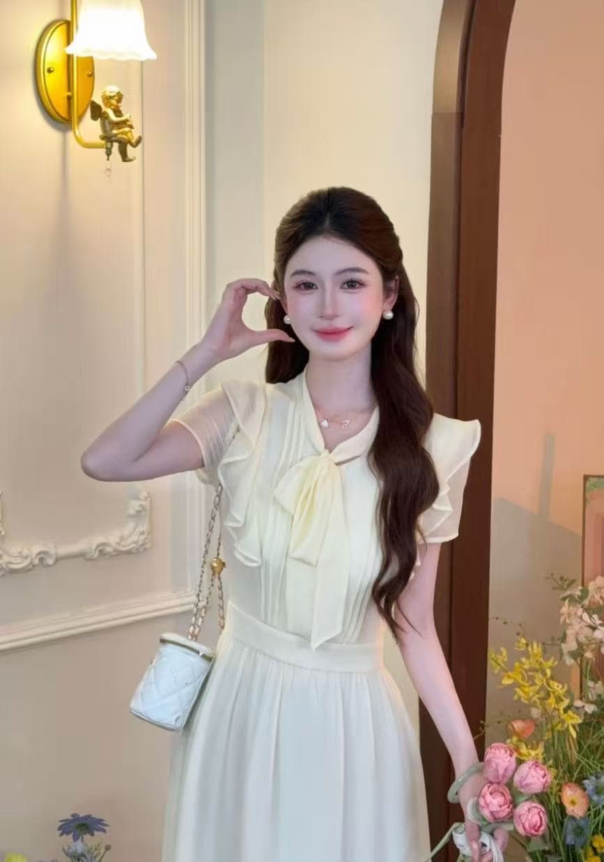 선물 물품 lili 리 리 가족 백색 안개 연애 편지 한 부서 부드러운 바람 레이스업 프릴 허리 수축 드레스 이미지 3