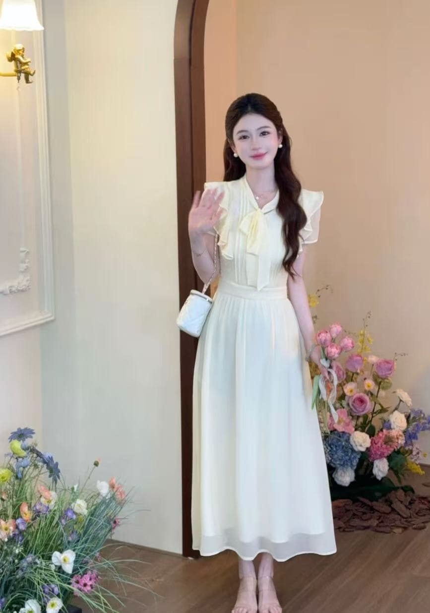 선물 물품 lili 리 리 가족 백색 안개 연애 편지 한 부서 부드러운 바람 레이스업 프릴 허리 수축 드레스 이미지 4