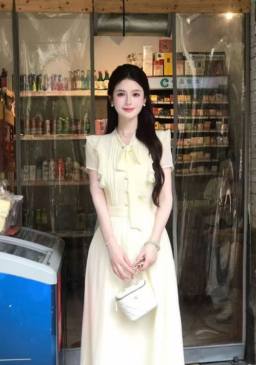선물 물품 lili 리 리 가족 백색 안개 연애 편지 한 부서 부드러운 바람 레이스업 프릴 허리 수축 드레스 이미지 2