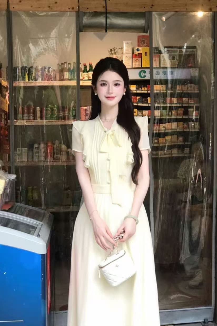 선물 물품 lili 리 리 가족 백색 안개 연애 편지 한 부서 부드러운 바람 레이스업 프릴 허리 수축 드레스 이미지 6