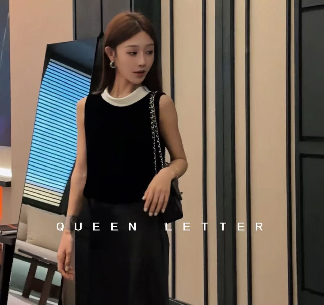 queen letter 작은 그는 벤 고급 품격 다용도 반소매 민소매 맨위 레트로 새틴 반신 스커트 이미지 2