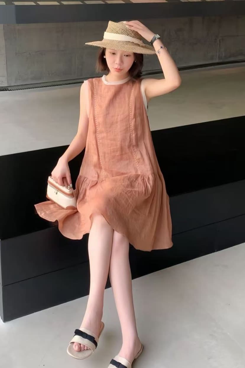 Taohuawu 2026 여름 새로운 한 부서 패치워크 치마 무거운 100 라미 드레스 이미지 5