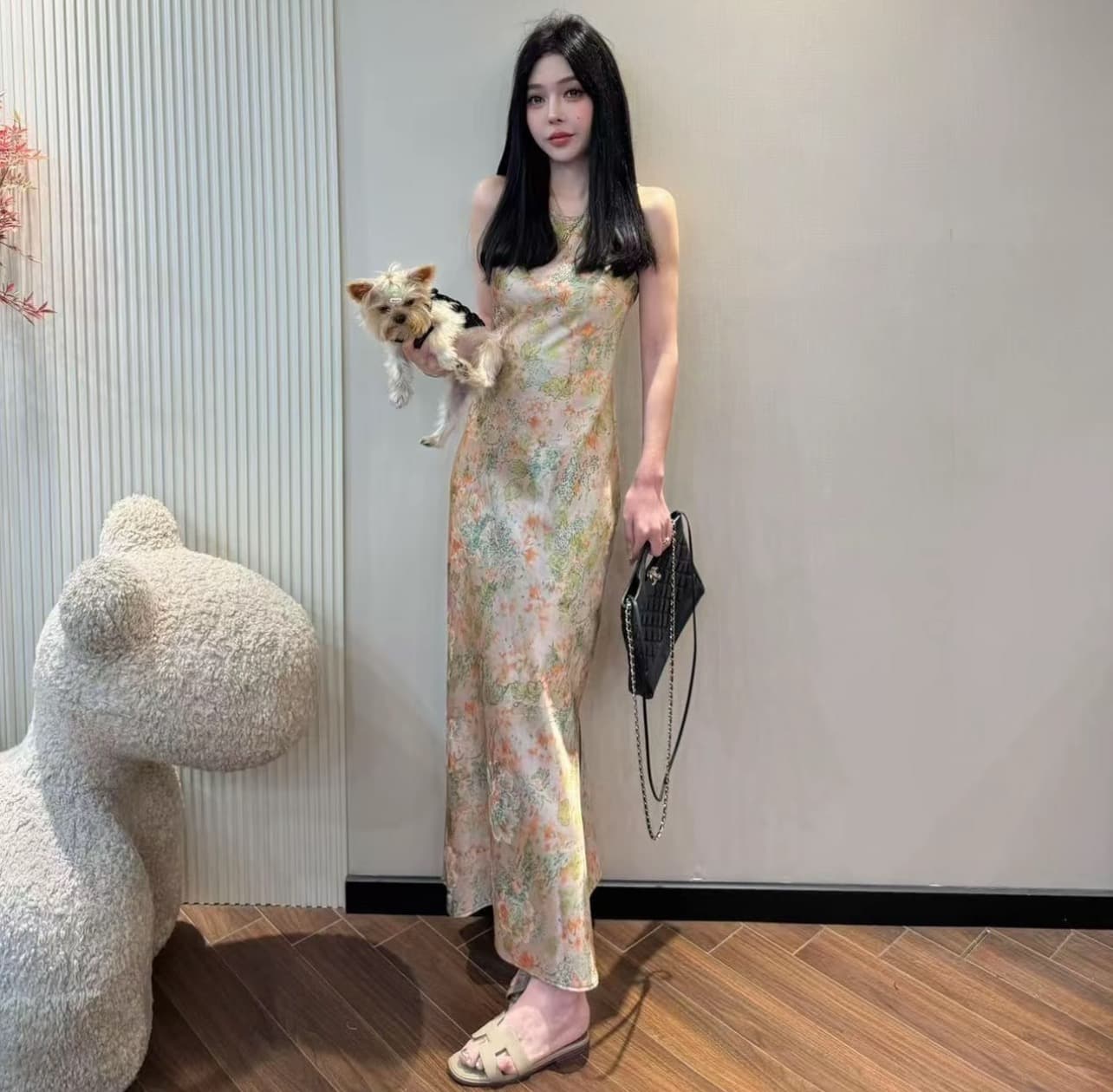 패션 연령 감소 차가운 센스 민소매 몸매 가꾸기 허리 수축 품격 프린트 드레스