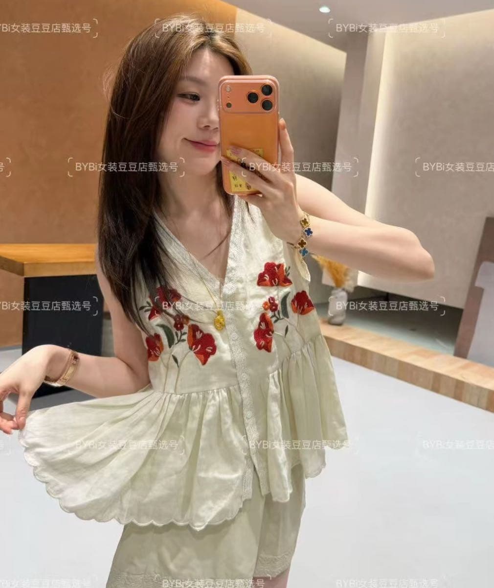 콩 추천 여름 싱글 줄 버튼 자수 자카드 주름 연령 감소 작은 셔츠 민소매 레트로 맨위 바지