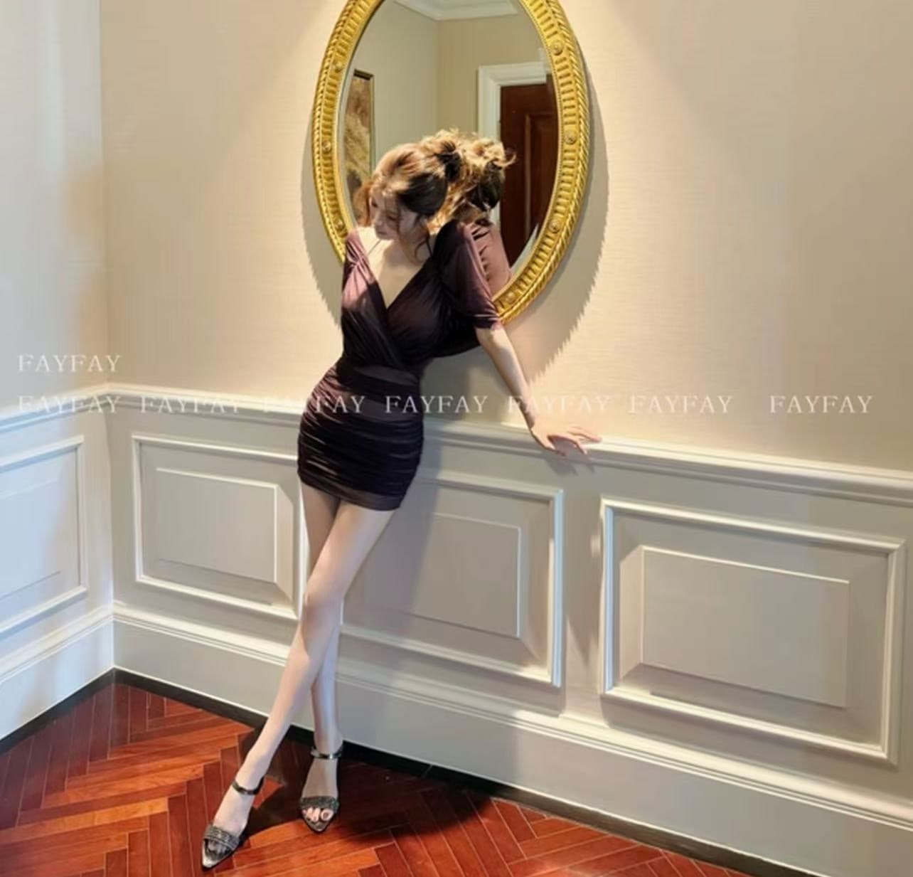 fay 보라색 실 꿈 순수한 욕망 바람 섹시함 주름 망토 허리 수축 몸매 가꾸기 슬림해 보이는 타이트 스커트 드레스 이미지 3