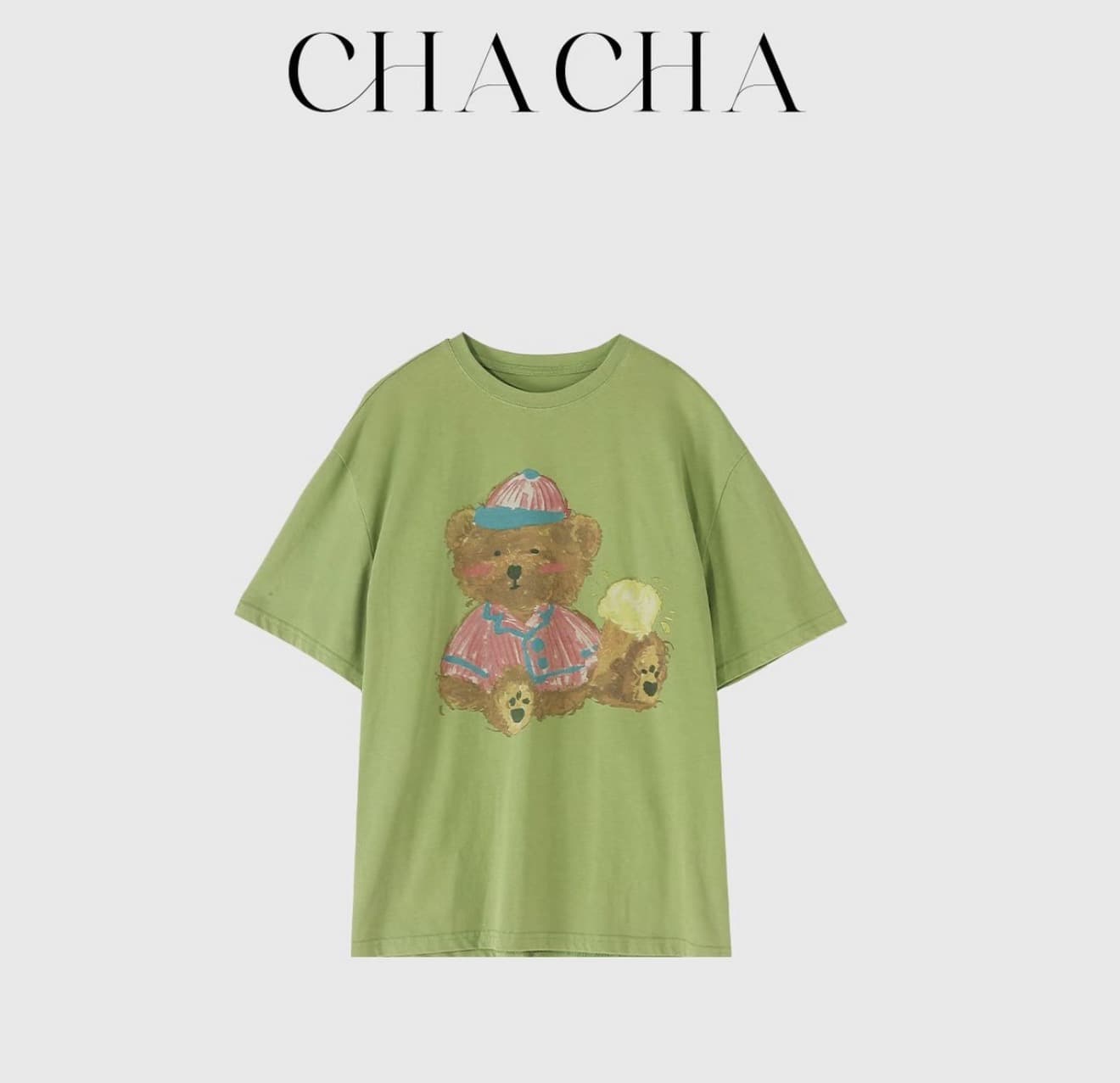 chacha 봄 와일드 유치한 곰 캐주얼 패션 다용도 워싱 녹색 작은 곰 티셔츠 색상 도트 무늬 반 스커트 이미지 3