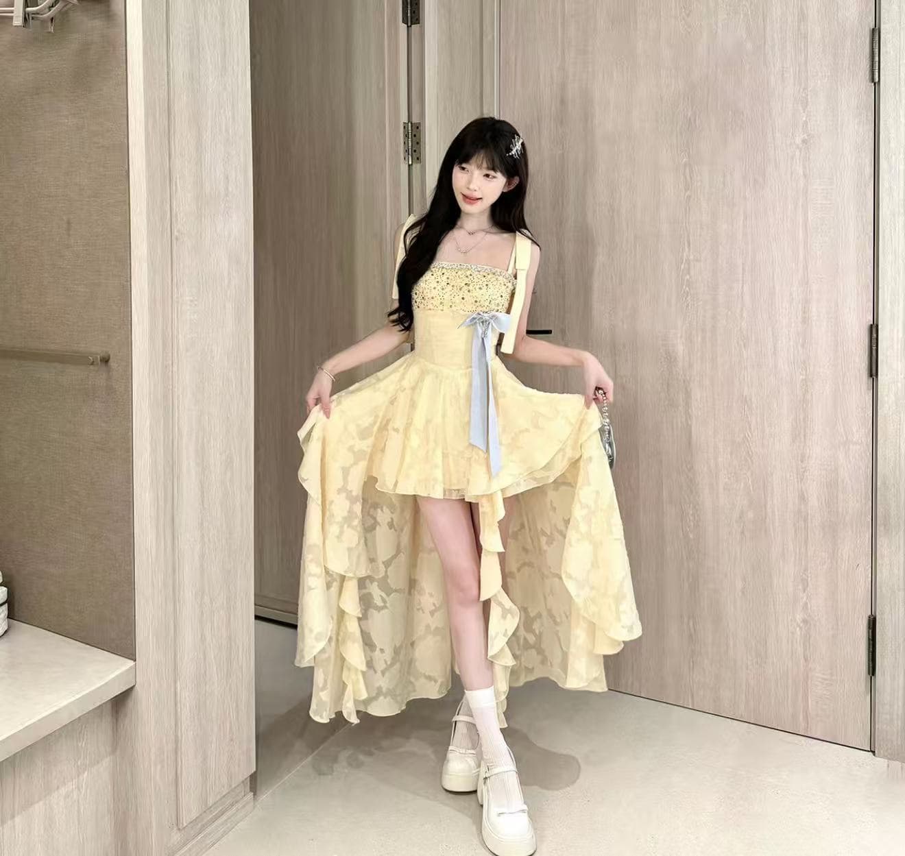 캄파넬라 세과 house 허니 포멜로 스타 모래 달콤함 휴가 바람 프린트 슬립 트임 술 드레스 여름 순수한 욕망 이미지 2