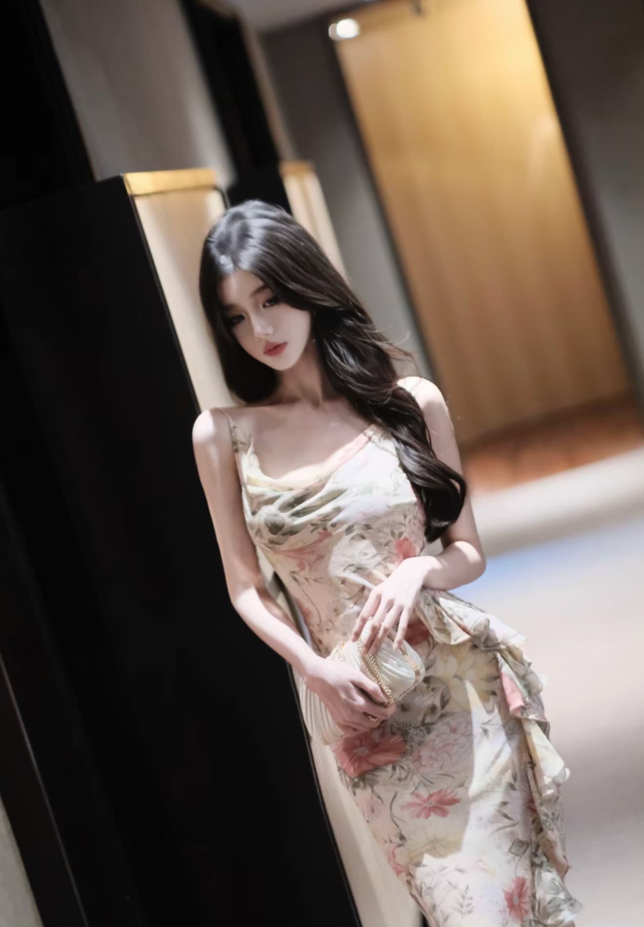 선물 물품 봄날 사역 분말 꽃 실루엣 프랑스식 허리 수축 슬림해 보이는 슬립 꽃무늬 휴가 드레스 이미지 4