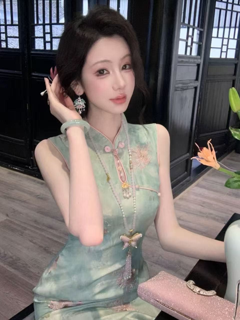 우아한 조 맞춤 보기 쿠이 가져 가라. 달 골드 선 엠보싱 꽃 자수 국풍 사람들 실크 치파오 dyll 이미지 2