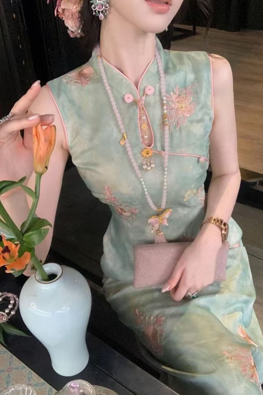 우아한 조 맞춤 보기 쿠이 가져 가라. 달 골드 선 엠보싱 꽃 자수 국풍 사람들 실크 치파오 dyll 이미지 5