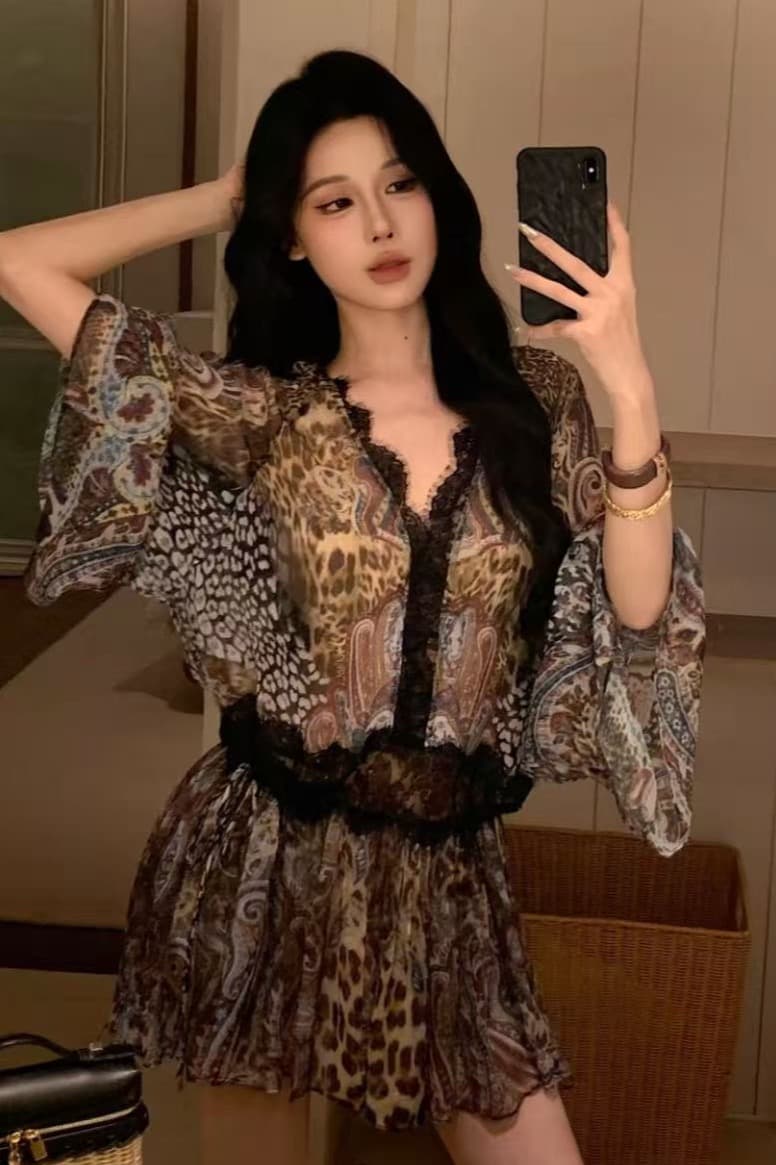 liora 춤 차 사소한 프랑스식 품격 슬림해 보이는 V넥 느슨함 센스 100 명 실크 쇼트 스타일 드레스 이미지 5