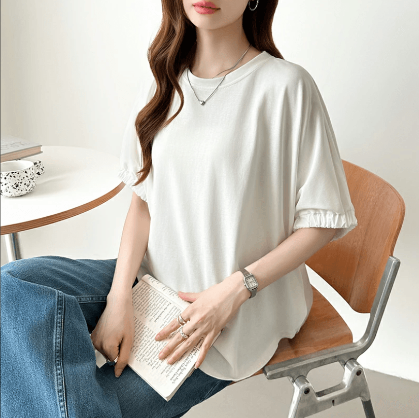 국경 간 대외 무역 주간 싱글 루즈핏 순면 스트라이프 주름 다용도 만나는 단색 박쥐 셔츠 7부 소매 티셔츠 상세 이미지 10