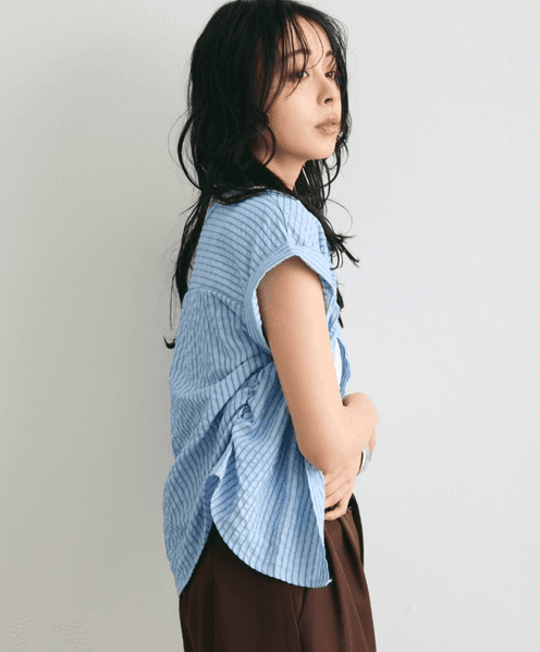 일본식 질감 센스 세로 줄무늬 여성 셔츠 루즈핏 슬림해 보이는 주름 폴로 칼라 반팔 여름 얇은 스타일 셔츠 상세 이미지 34