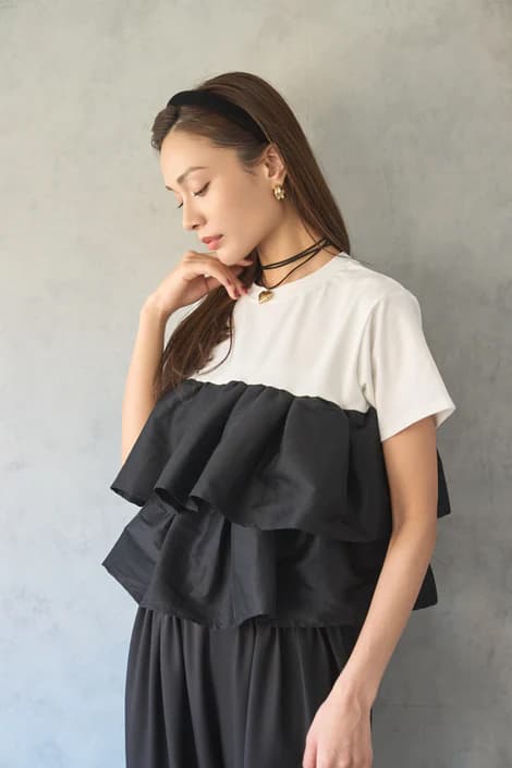일본식 여름 새로운 면 여성용 짧은 소매 티셔츠 패치워크 프릴 밑단 연령 감소 귀여운 면 맨위 상세 이미지 9