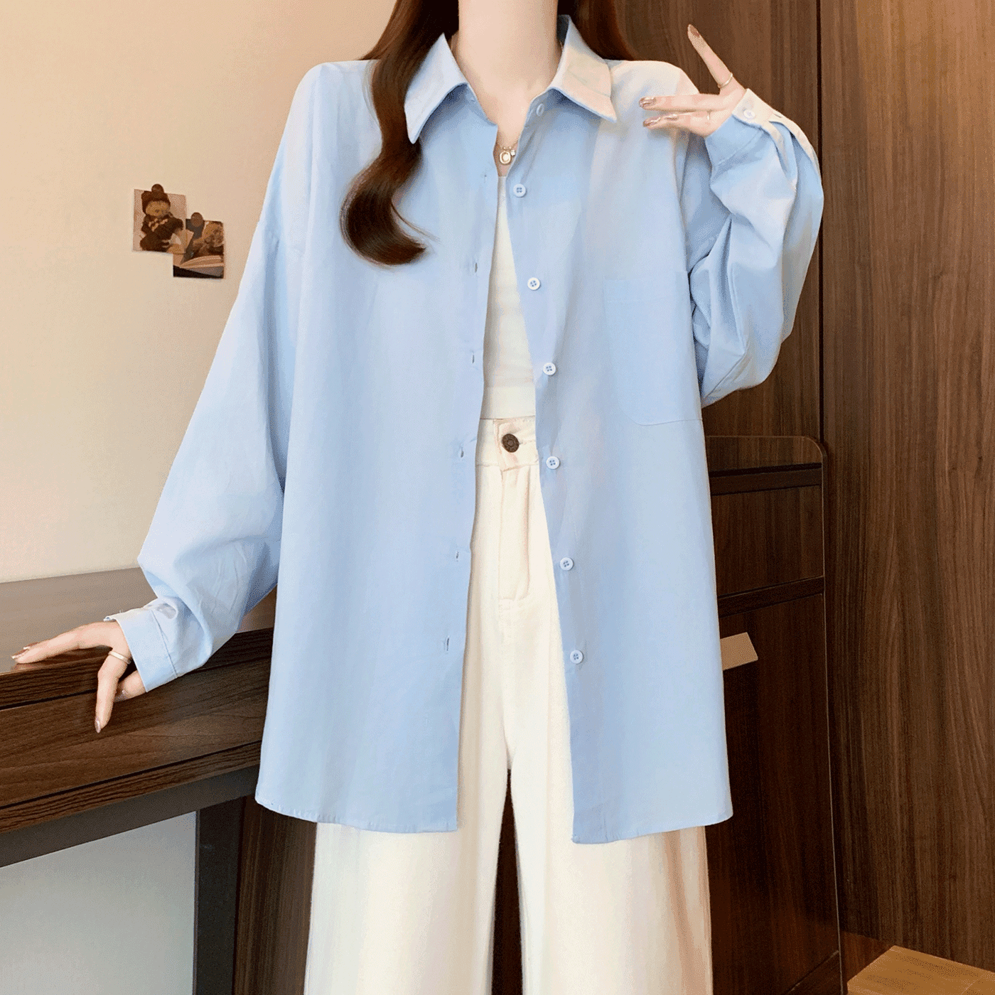 실사 빅 사이즈 긴팔 여성 셔츠 2026 년 한국 스타일 가을 루즈핏 느긋한 바람 캐주얼 패션 단색 다용도 맨위 상세 이미지 19