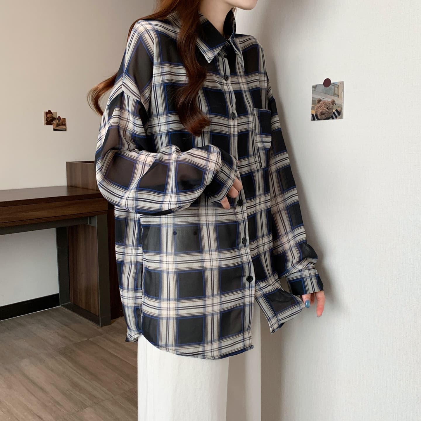 실사 빅 사이즈 여름 가을 새로운 자외선 차단 블라우스 얇은 스타일 고급 센스 셔츠 외부 잡아라. 의류 격자 무늬 셔츠 여성 코트 상세 이미지 13