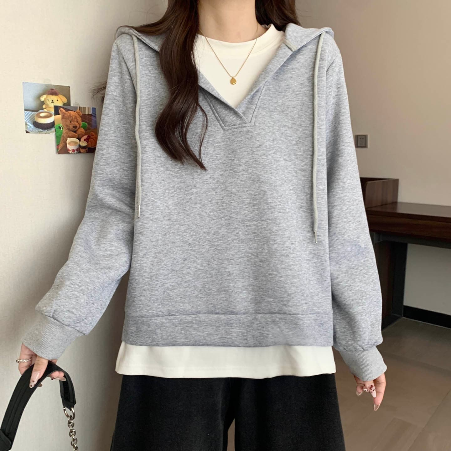 실사 빅 사이즈 여성 의류 한국 스타일 회색 후드 티 스웨터 여성 가을 지방 mm 루즈핏 캐주얼 페이크 레이어드 재킷 맨위 트렌디 상세 이미지 5