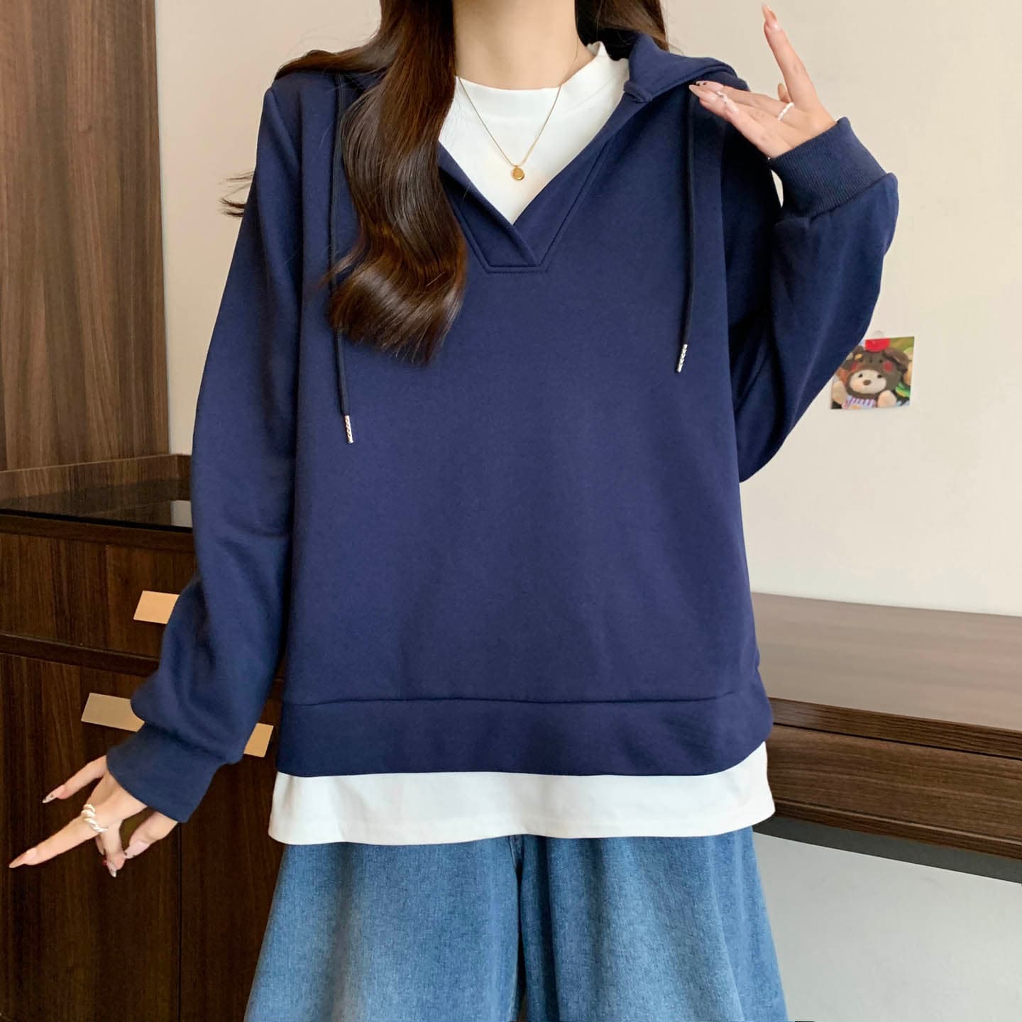 실사 빅 사이즈 여성 의류 한국 스타일 회색 후드 티 스웨터 여성 가을 지방 mm 루즈핏 캐주얼 페이크 레이어드 재킷 맨위 트렌디 상세 이미지 12