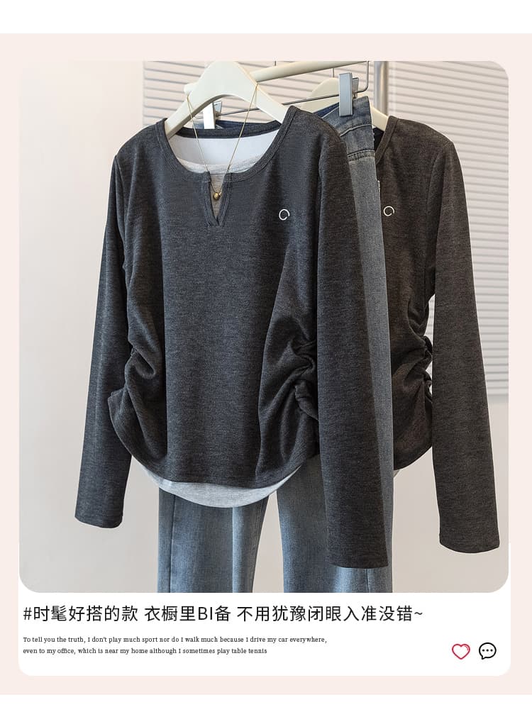 실사 빅 사이즈 여성 의류 회색 페이크 레이어드 주름 긴팔 티셔츠 여성 봄 지방 mm 허리 수축 슬림해 보이는 캐주얼 맨위 트렌디 상세 이미지 4