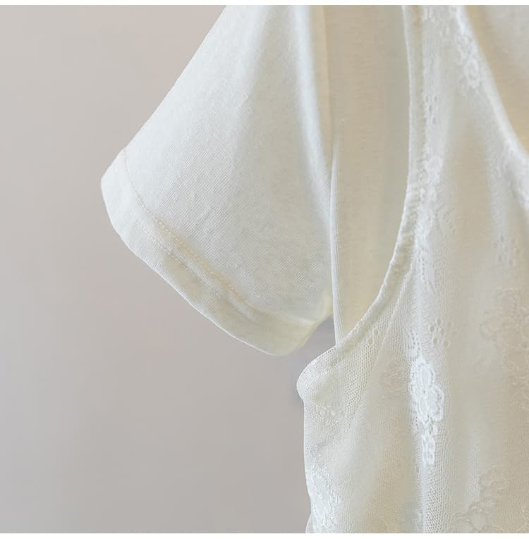 실사 빅 사이즈 반팔 티셔츠 여성 여름 한 부서 패션 라운드 넥 패치워크 레이스 페이크 레이어드 고유 한 아름다운 맨위 상세 이미지 18