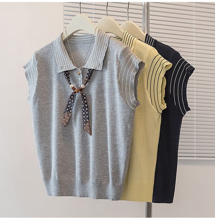실사 빅 사이즈 여름 한 부서 POLO 칼라 배색 학원 스타일 스카프 니트 티셔츠 다용도 루즈핏 슬림해 보이는 맨위 상세 이미지 13