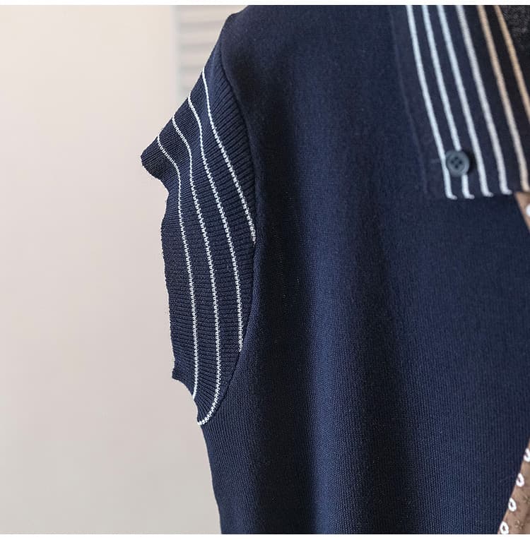 실사 빅 사이즈 여름 한 부서 POLO 칼라 배색 학원 스타일 스카프 니트 티셔츠 다용도 루즈핏 슬림해 보이는 맨위 상세 이미지 30