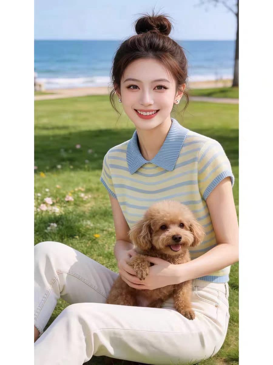 여름 새로운 한 부서 연령 감소 여성 슈퍼 잘 생긴 슬림해 보이는 품격 폴로 칼라 스트라이프 반팔 니트 티셔츠 외국 가스 작은 셔츠 이미지 2