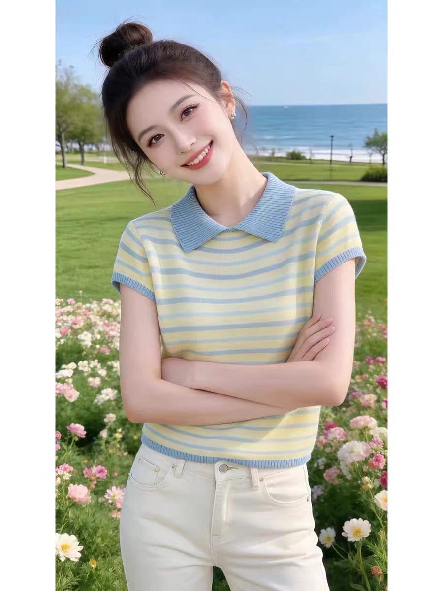 여름 새로운 한 부서 연령 감소 여성 슈퍼 잘 생긴 슬림해 보이는 품격 폴로 칼라 스트라이프 반팔 니트 티셔츠 외국 가스 작은 셔츠 이미지 3