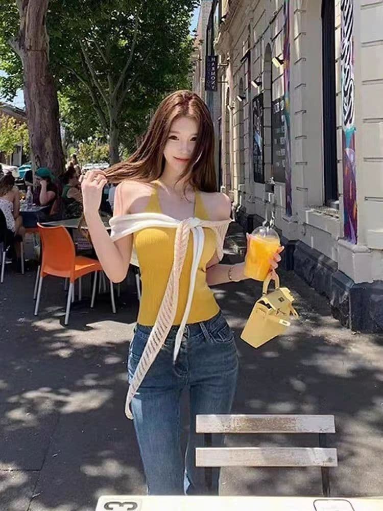 순수한 욕망 핫걸 행침 목 캐미솔 맨위 여성 디자인 센스 작은 대중 다용도 니트 숄 투피스 슈트 봄 여름 이미지 3
